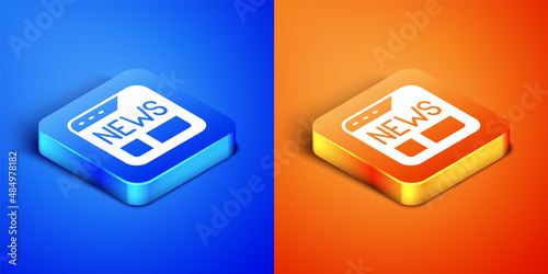 Isometric News icon isolated on blue and orange background. Newspaper sign. Mass media symbol. Square button. Vector
