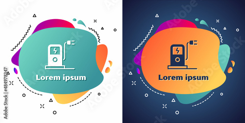 White Electric car charging station icon isolated on white and blue background. Eco electric fuel pump sign. Abstract banner with liquid shapes. Vector