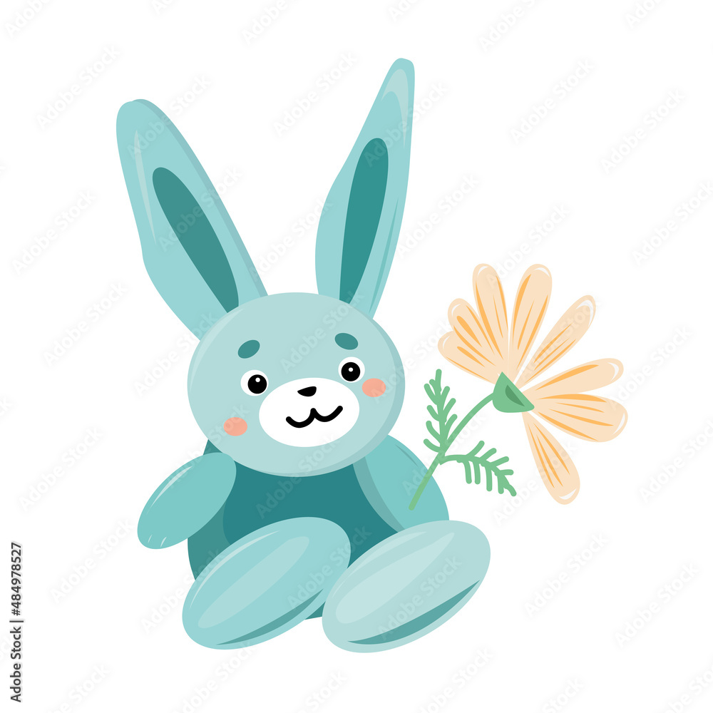 Fototapeta premium The bunny is sitting and holding a flower.