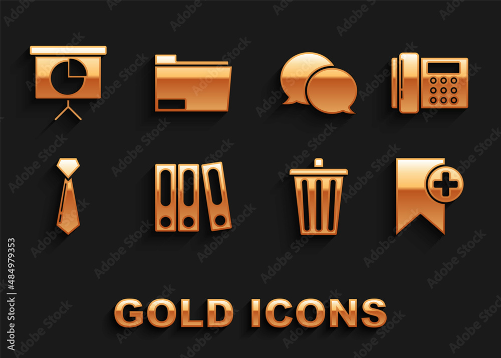 Set Office folders with papers and documents, Trash can, Tie, Speech bubble chat, Presentation financial board graph, schedule, chart, diagram, infographic, pie graph and Document icon. Vector Set Office folders with papers and documents, Trash can, Tie, Speech bubble chat, Presentation financial board graph, schedule, chart, diagram, infographic, pie graph and Document icon. Vector