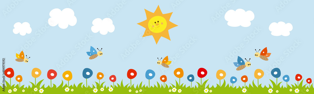 Spring garden. Panoramic background with flowers, butterflies, sun and clouds. Cute children's illustration.