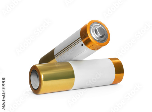 New AA batteries on white background. Dry cell photo