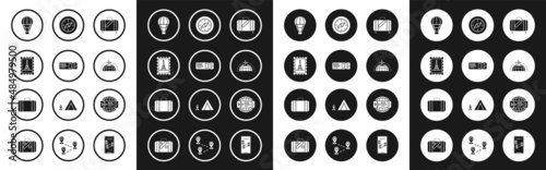 Set Suitcase for travel and stickers, Travel ticket, Postal stamp Eiffel tower, Hot air balloon, Globe with flying plane, Compass, Airline and icon. Vector