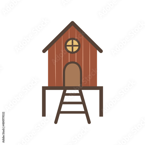 Cute cartoon chicken coop. Simple flat icon. A farm or ranch item. A house for roosters. Poultry breeding. Element, clipart for sticker design, toy packaging, children's board games.