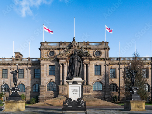 South Shields town hall with flags of St George, South Tyneside, UK