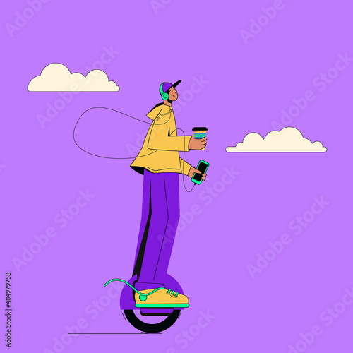 Guy on a unicycle with coffee and music. Serene morning walk of a modern young man. Vector illustration in flat cartoon style.