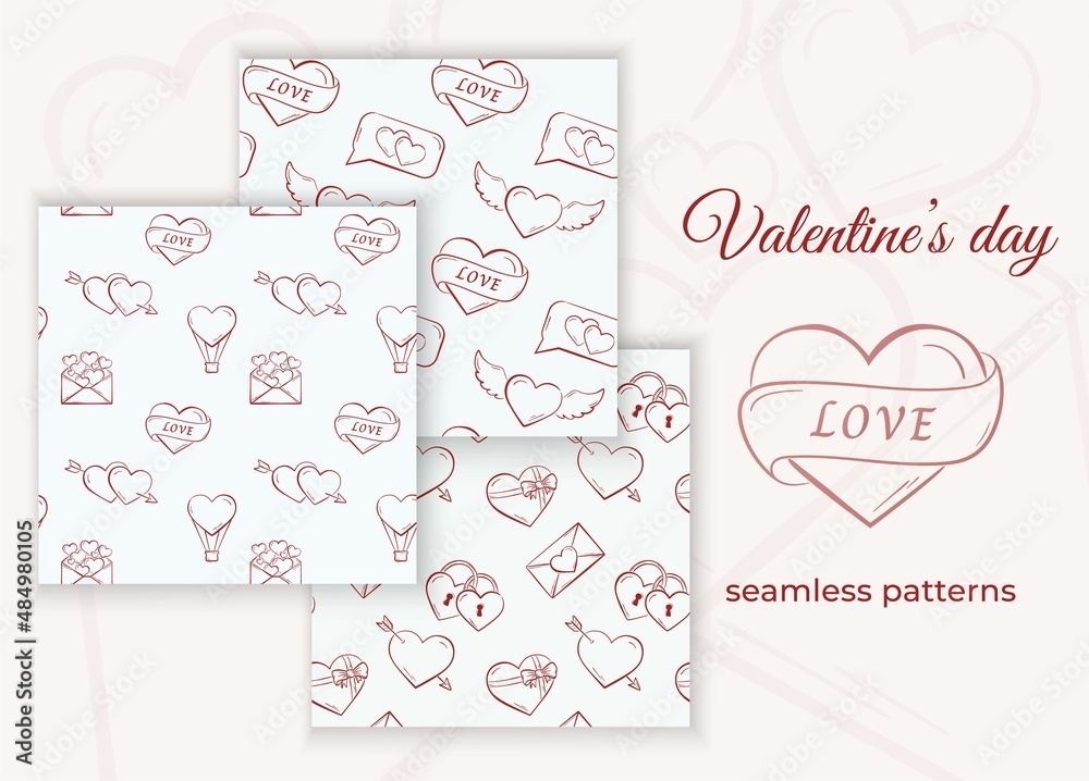 red and white valentines seamless pattern set. romantic and love background. valentine's day design