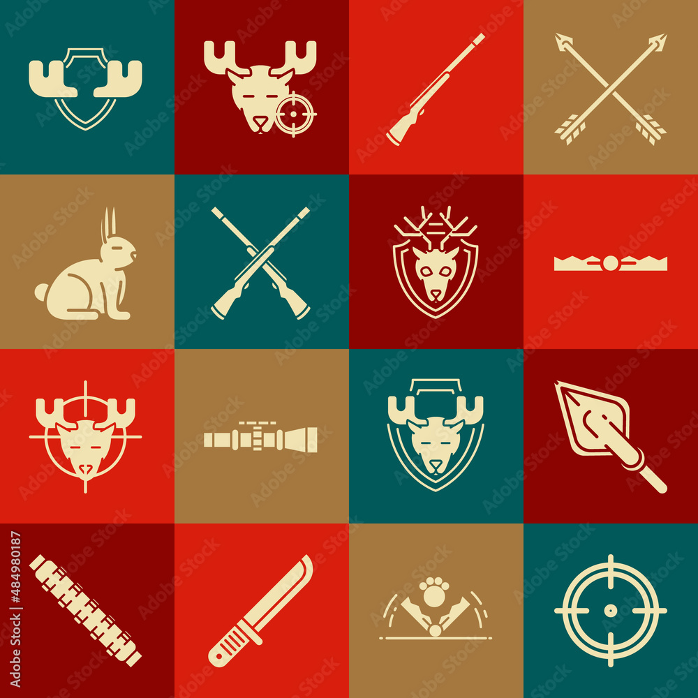 Set Target sport for shooting competition, Hipster arrow tip, Trap hunting, Hunting gun, Two crossed shotguns, Rabbit, Moose horns shield and Deer head with antlers icon. Vector Set Target sport for shooting competition, Hipster arrow tip, Trap hunting, Hunting gun, Two crossed shotguns, Rabbit, Moose horns shield and Deer head with antlers icon. Vector