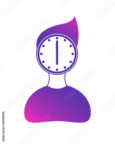 Purple silhouette of man with clock instead of head. Concept of working time, office, business, schedule, waiting time