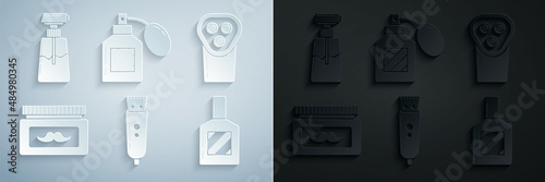 Set Electrical hair clipper or shaver, Cream lotion cosmetic jar, Aftershave, and tube icon. Vector