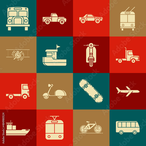 Set Bus, Plane, Delivery cargo truck vehicle, Sedan, Fishing boat, Old retro vintage plane, School and Scooter icon. Vector