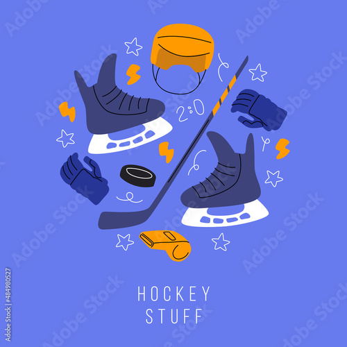 A set of things for hockey competitions. Men's skates, gloves and helmet. Stick and puck. Everything for sports competitions