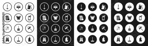 Set Plastic bottles for liquid dishwashing liquid, Trash can and garbage bag, Toilet brush, Vacuum cleaner, Squeegee, scraper, wiper and Shower head with water drops flowing icon. Vector