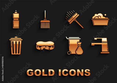 Set Sponge, Plastic basin with soap suds, Water tap, Trash can, Squeegee, scraper, wiper, bottles for liquid dishwashing liquid and Handle broom icon. Vector