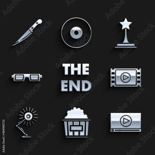 Set The End handwritten inscription, Popcorn cardboard box, Online play video, Play Video, Table lamp, 3D cinema glasses, Movie trophy and Knife icon. Vector