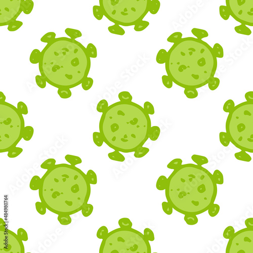 the pattern of a round bacterium with short tentacles is green. seamless pattern of curls, hand-drawn with a micro line in the style of doodles on white for a design template