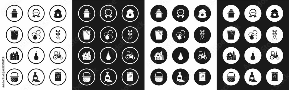 Set Bag of flour, Honeycomb, Bucket, Can container for milk, Windmill, Banner, label, tag, logo eco, Tractor and Farm House concept icon. Vector Set Bag of flour, Honeycomb, Bucket, Can container for milk, Windmill, Banner, label, tag, logo eco, Tractor and Farm House concept icon. Vector