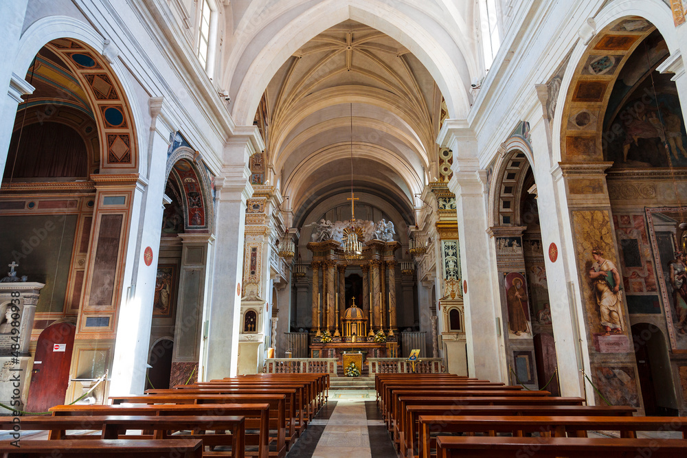 The interior of the Church Trinita dei Monti near the Spanish steps in Rome. It is located on the square of the same name on the northern tip of the Quirinal Hill, Italy