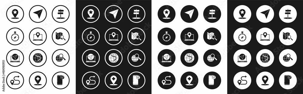 Set Road traffic sign, Laptop with location marker, Compass, Map pointer star, Folded map, Paper airplane, Magnifying glass globe and Infographic of city navigation icon. Vector Set Road traffic sign, Laptop with location marker, Compass, Map pointer star, Folded map, Paper airplane, Magnifying glass globe and Infographic of city navigation icon. Vector
