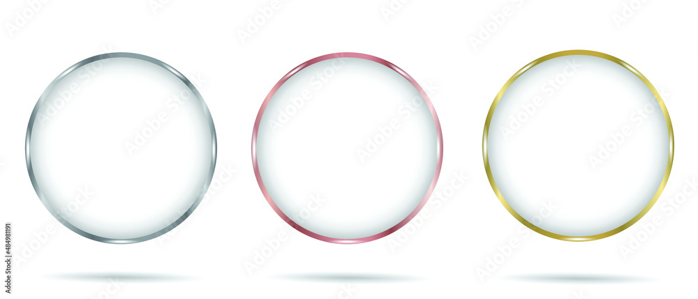 Golden, silver and bronze round frames isolated on white background. Vector frame and banner illustration. Podium frames. Shining 3d realistic signboard banners set. Golden, silver and bronze round frames isolated on white background. Vector frame and banner illustration. Podium frames. Shining 3d realistic signboard banners set.