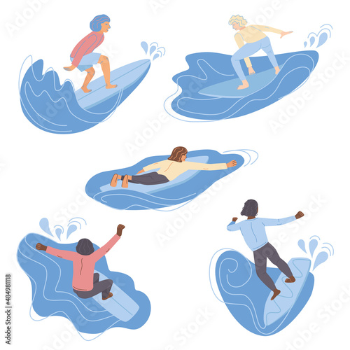 Vector flat style set of surfing man male surfers color silhouettes with waves. Minimalism design jf wave riders in different poses