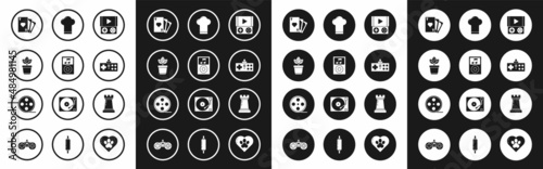 Set Portable video game console, Music player, Flowers in pot, Playing card with heart symbol, Gamepad, Chef hat, Chess and Film reel icon. Vector