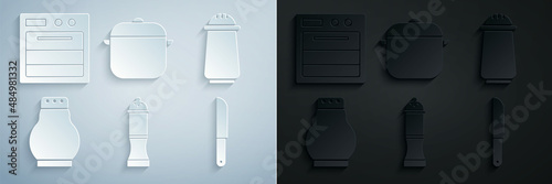 Set Pepper, Salt and pepper, Knife, Cooking pot and Oven icon. Vector