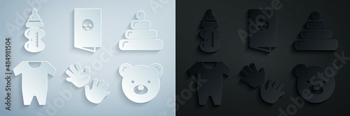 Set Baby hands print, Pyramid toy, clothes, Teddy bear plush, shower invitations card, poster and bottle icon. Vector