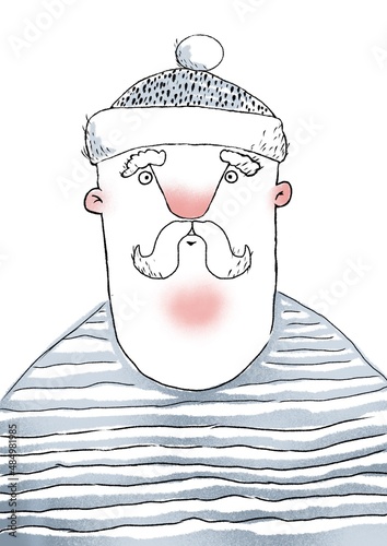 hand drawn caricature of funny sailor man isolated on white