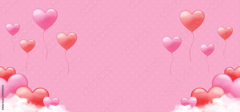 Valentine is day background with red and pink heart balloon and white cloud. Pink background with dot pattern.
