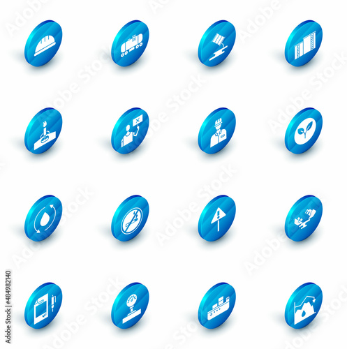 Set Oil railway cistern, Barrel oil leak, industrial factory building, rig with fire, drop, Nature saving protest, Bio fuel and Oilman icon. Vector