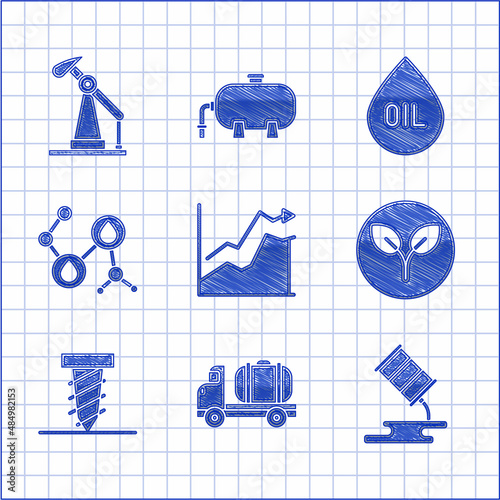Set Oil price increase, Tanker truck, Barrel oil leak, Bio fuel, Rotating drill digging hole, Molecule, drop and pump or pump jack icon. Vector