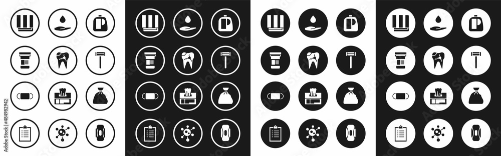 Set Bottles for cleaning agent, Broken tooth, Medicine bottle, Towel stack, Shaving razor, Washing hands with soap, Garbage bag and Medical protective mask icon. Vector Set Bottles for cleaning agent, Broken tooth, Medicine bottle, Towel stack, Shaving razor, Washing hands with soap, Garbage bag and Medical protective mask icon. Vector