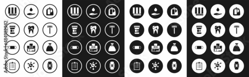 Set Bottles for cleaning agent, Broken tooth, Medicine bottle, Towel stack, Shaving razor, Washing hands with soap, Garbage bag and Medical protective mask icon. Vector