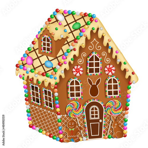 easter gingerbead house with cookies and candies