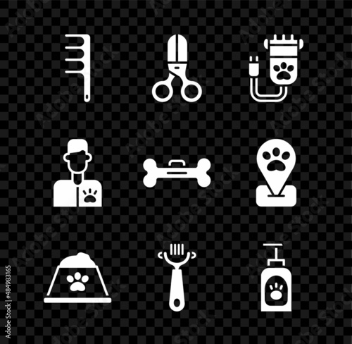 Set Hair brush for dog and cat, Scissors hairdresser, clipper pet, Pet food bowl, shampoo, Veterinarian doctor and Dog bone icon. Vector