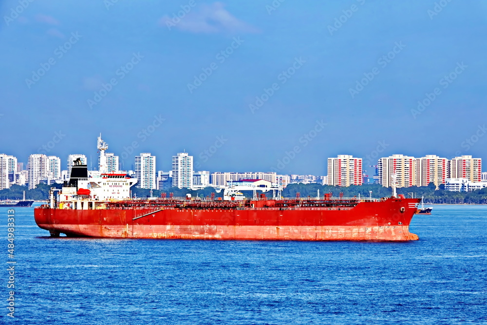 Fototapeta premium Various types of sea vessels and tugboats on the background of the coastline and city line of the city of Singapore.