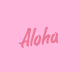 Aloha pink vintage hand script logo on pink background. Summer vibes aloha design. Coral background. Restaurant trendy wordmark.