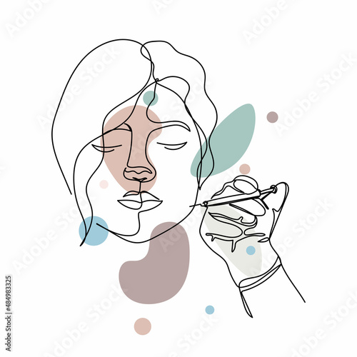 Continuous one simple single abstract line drawing of woman making anti aging injections icon in silhouette on a white background. Linear stylized.