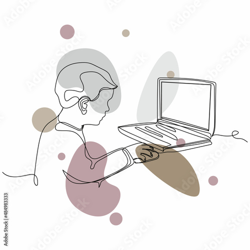 Continuous one simple single abstract line drawing of distance education attentive school child with laptop icon in silhouette on a white background. Linear stylized.