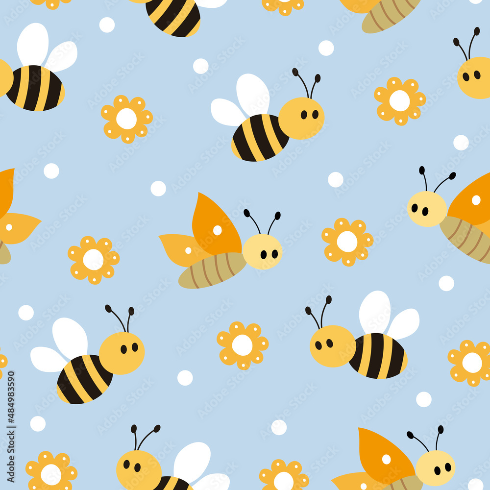 Cute bees and butterflies. Childish seamless pattern with flowers and insects. Vector illustration. It can be used for wallpapers, wrapping, cards, patterns for clothes and other.