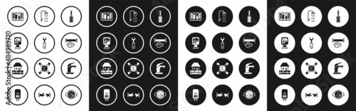 Set Toilet brush, Wrench spanner, Pressure water meter, Test tube with drop, Broken pipe, Shower, Water tap and supply pipes icon. Vector