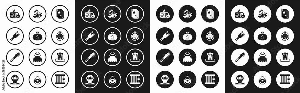 Set Playing cards, Money bag, Broken bottle as weapon, TV News, Murder, Burning, Arson home and Baseball bat with nails icon. Vector
