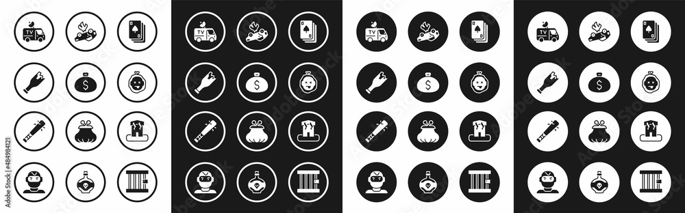 Set Playing cards, Money bag, Broken bottle as weapon, TV News, Murder, Burning, Arson home and Baseball bat with nails icon. Vector Set Playing cards, Money bag, Broken bottle as weapon, TV News, Murder, Burning, Arson home and Baseball bat with nails icon. Vector