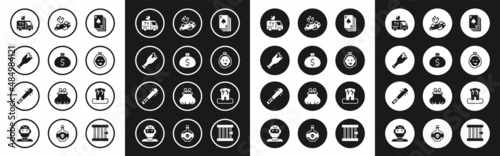 Set Playing cards, Money bag, Broken bottle as weapon, TV News, Murder, Burning, Arson home and Baseball bat with nails icon. Vector