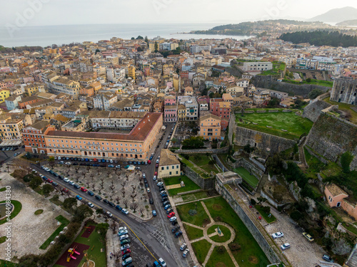 aerial droen view of corfu town greece