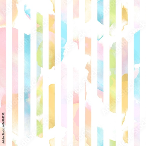  Green yellow blue pink and white striped seamless pattern with hand drawn brush strokes. Watercolour line design. Watercolour slash stripes texture 