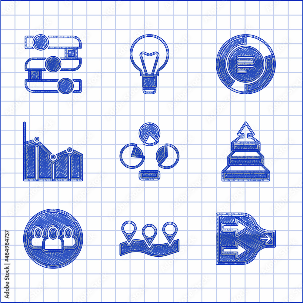 Set Pie chart infographic, Location, Arrow, Pyramid infographics, Project team base, and Graph, chart, diagram icon. Vector Set Pie chart infographic, Location, Arrow, Pyramid infographics, Project team base, and Graph, chart, diagram icon. Vector