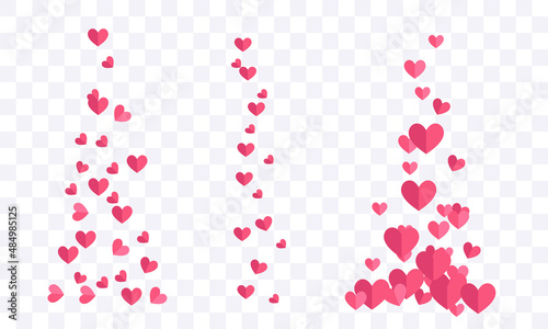 Background of hearts. A lot of pink paper hearts.  Hearts flying in the wind isolated on white background.