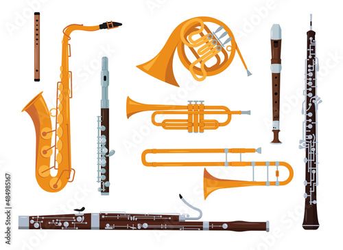 Wind classical orchestral musical instrument icons set. Saxophone and French Horn, Trumpet and Trombone, Flute and Bassoon, Clarinet and oboe. Vector illustration in flat cartoon style isolated